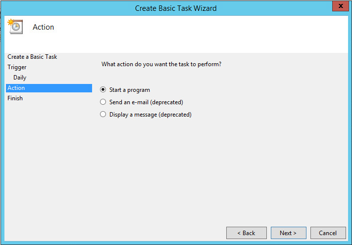 Create Basic Task Wizard screen with Action highlighted in the list of steps on the left, with a list of possible actions the task can perform where Start a program is selected on the right, as well as a Back button, a Next button, and a Cancel button at the bottom right of the screen and a Close button in the top right corner